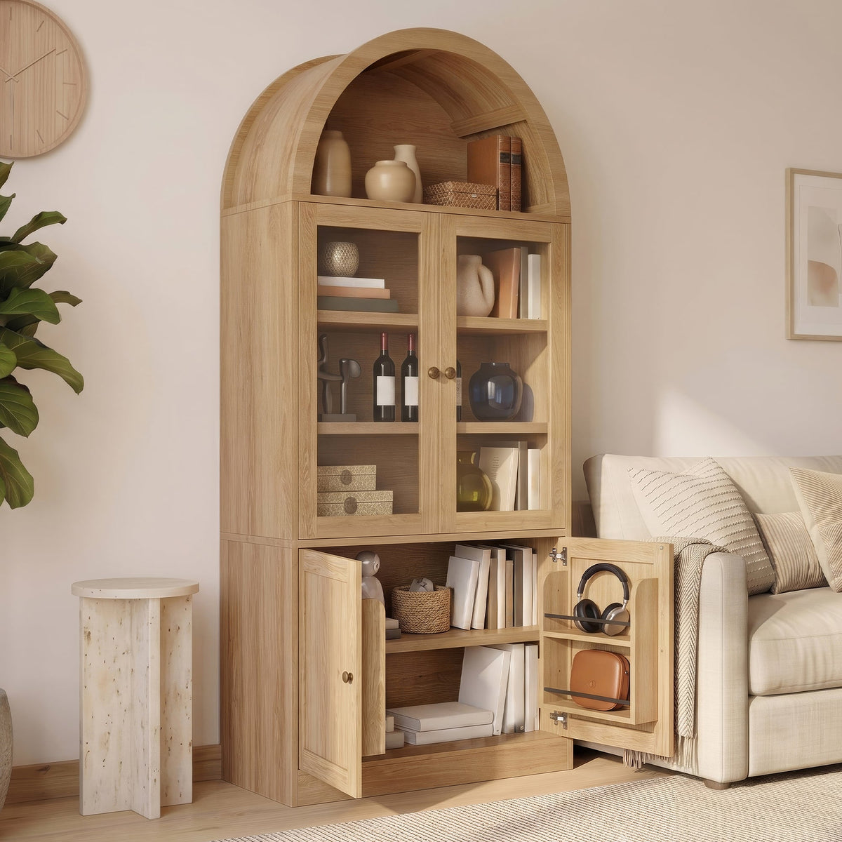 Tall Arched Top Storage Cabinet with Tempered Glass Doors