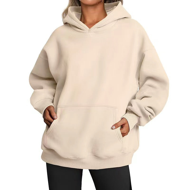 Women's Solid-color Long-sleeved Loose-fitting Hooded Sweatshirt With Pocket