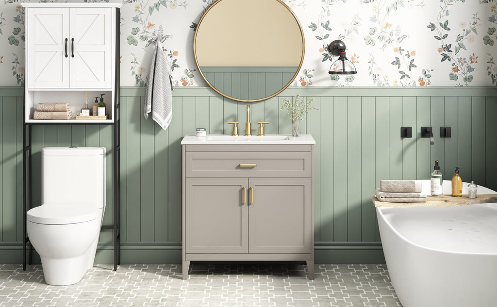 30" Bathroom Vanity with Ceramic Sink Top, Solid Wood Legs