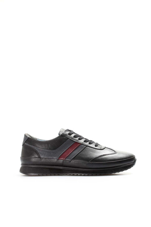 Men's Dark Brown Leather Sneakers with Burgundy Stripe - Wessi
