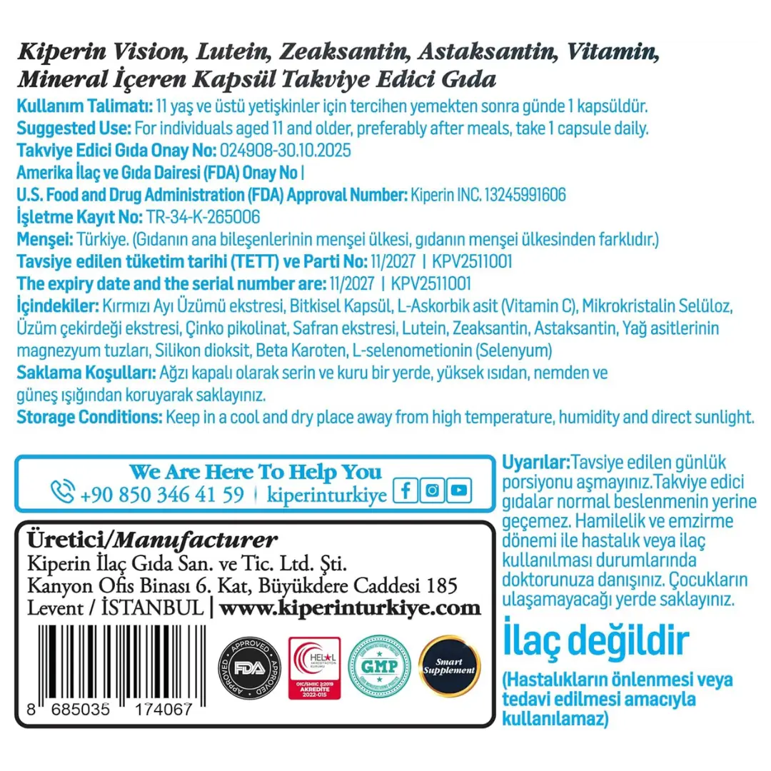 Kiperin Vision Lutemax Lutein Eye Support Supplement 30 Capsules
