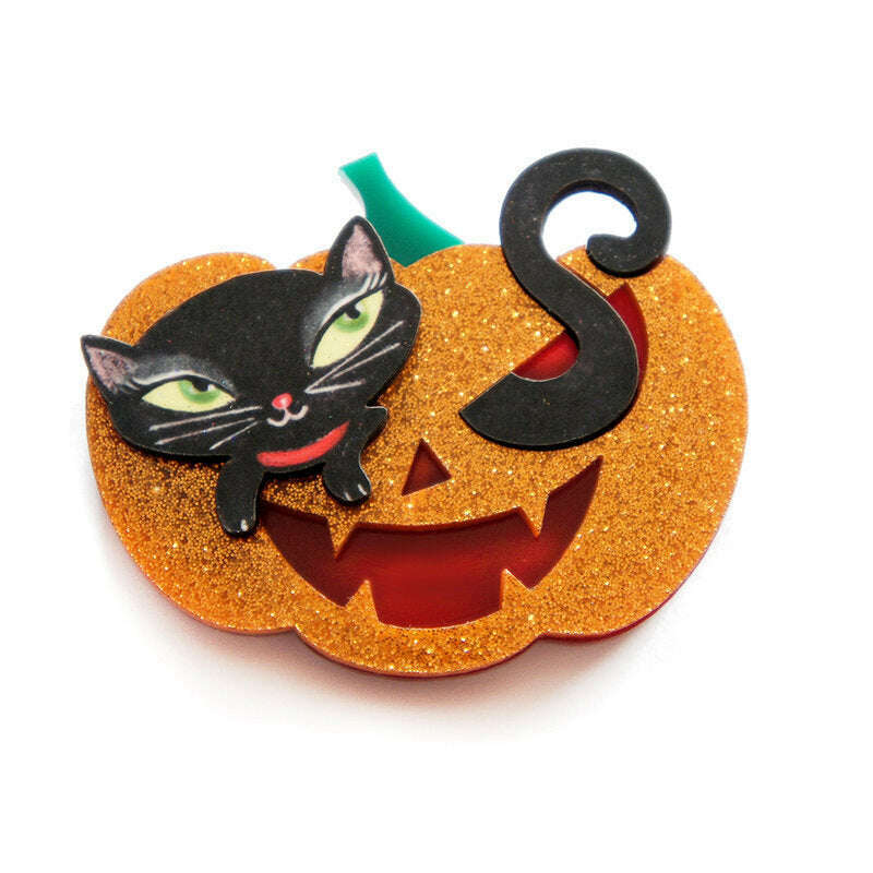 Pumpkin with Black Kitten Brooch by Laliblue | PRE-ORDER SHIPS IN 2-3 WEEKS