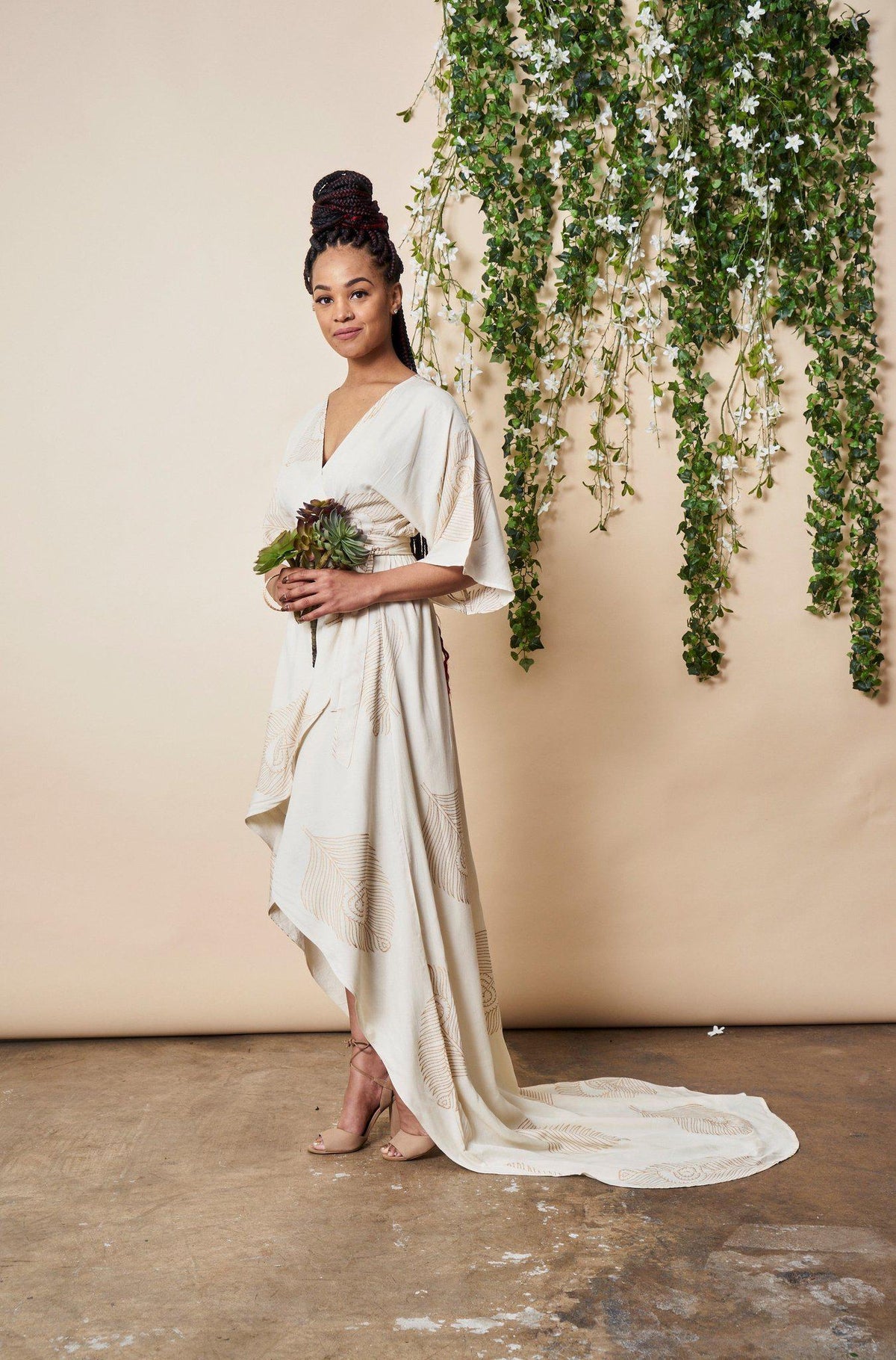 Peacock Feather Maxi Wrap Dress W/ Train in Cream + Gold