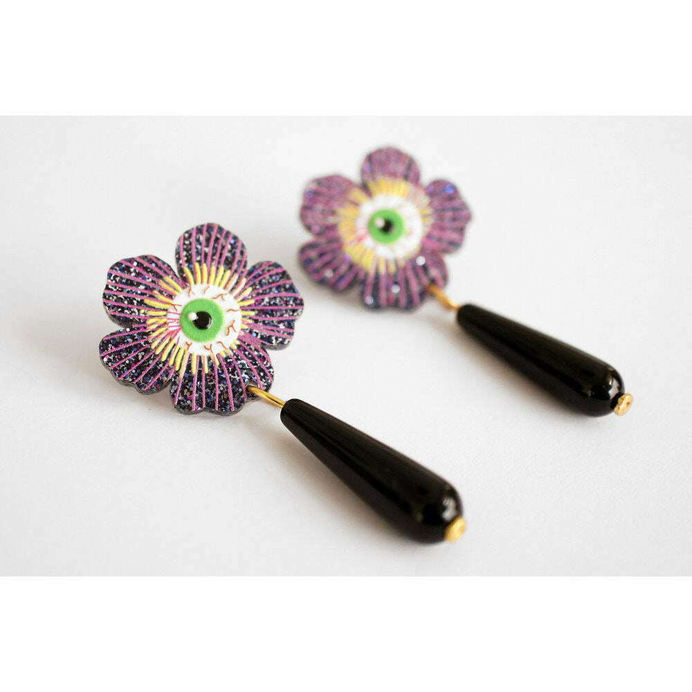 Purple Flower Earrings With Eyes by Laliblue | PRE-ORDER SHIPS IN 2-3 WEEKS