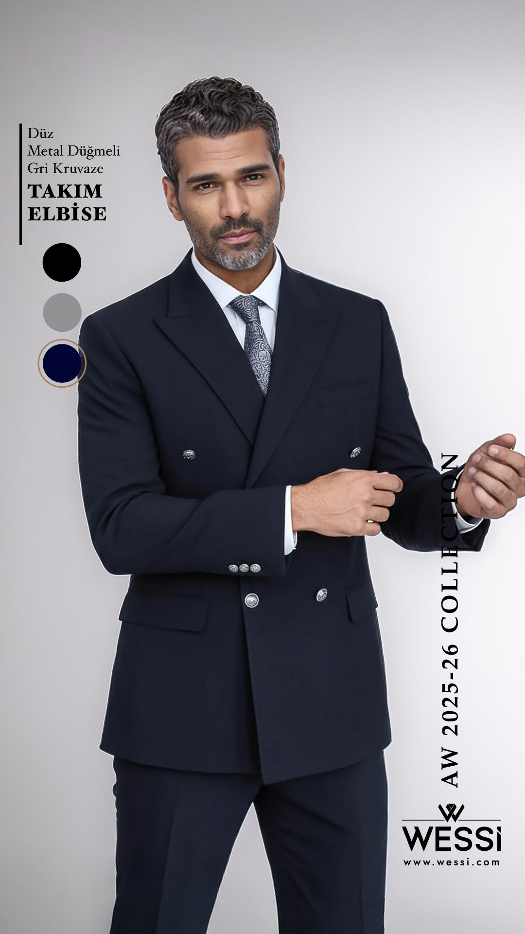 Modern Fit Double-Breasted Navy Men’s Suit with Silver-Tone Metal Buttons – Wessi