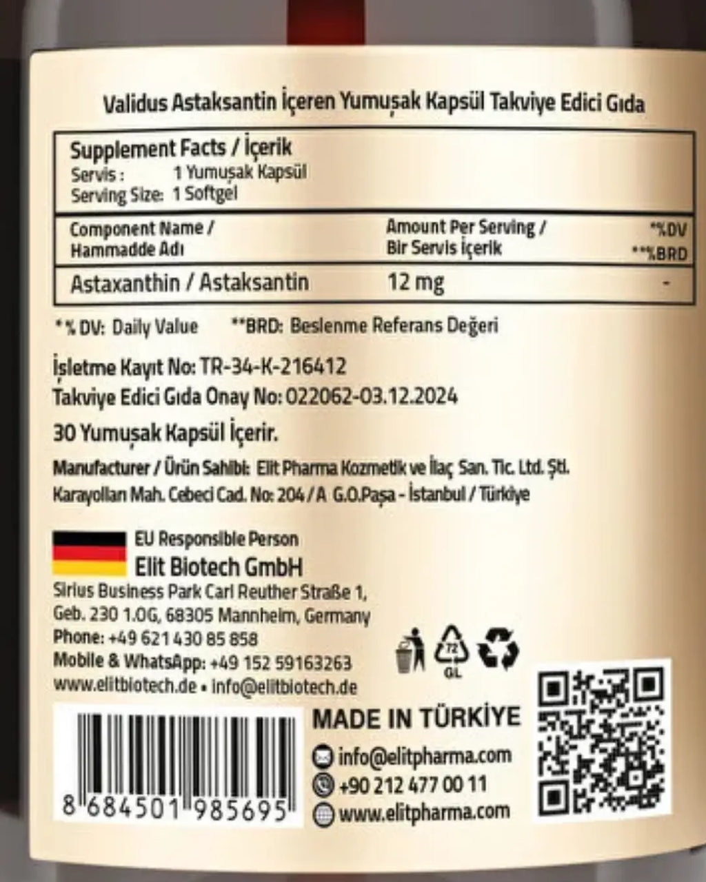 Validus Astaxanthin 12 mg Dietary Supplement 30 Softgels