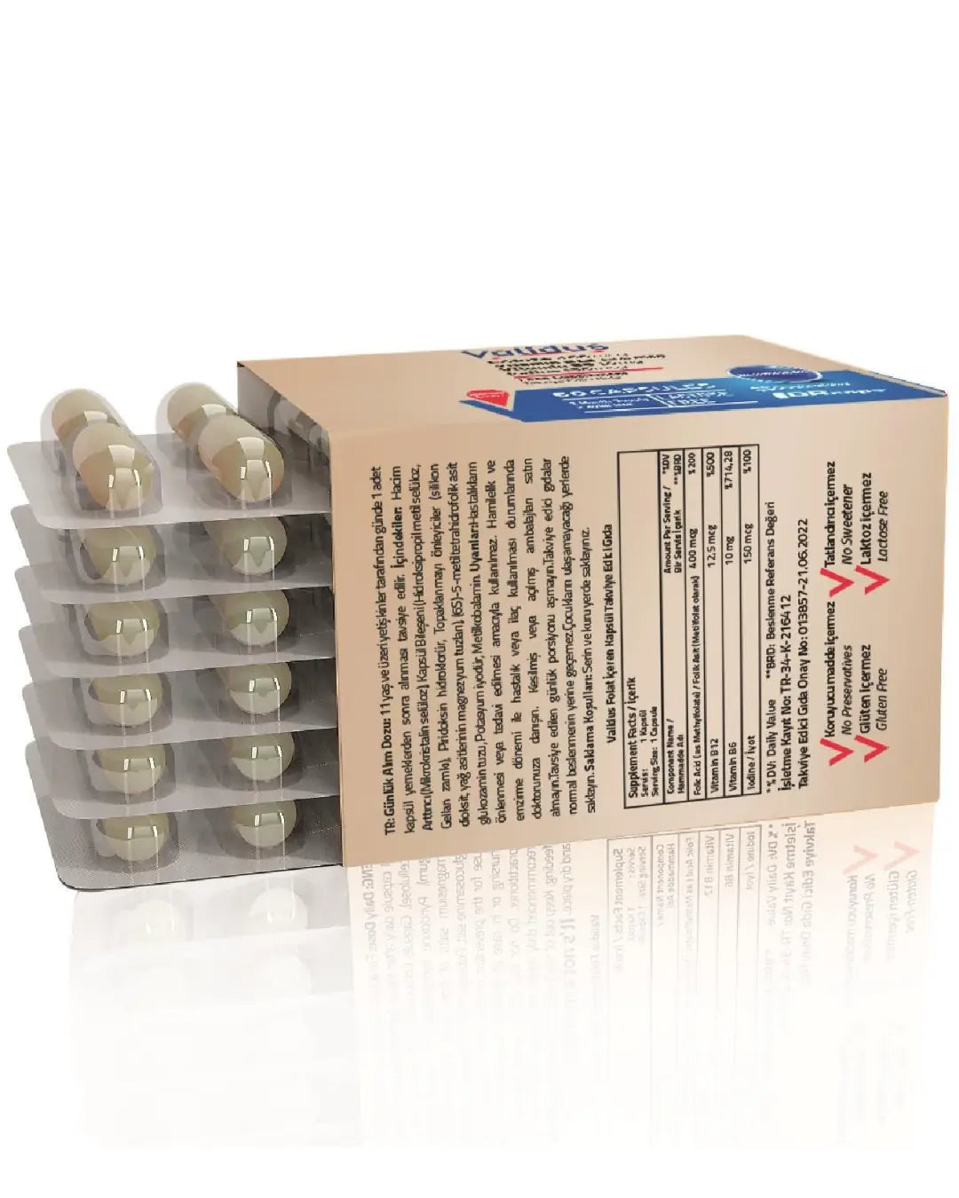 Validus Folat Qatrefolic 400 mcg with B12 & Iodine 60 Capsules