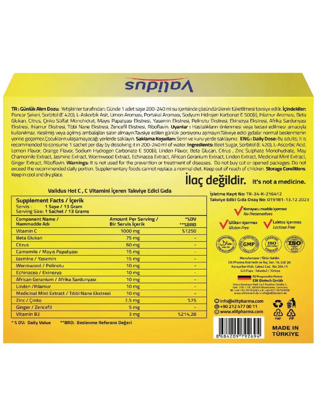 Validus Hot C Vitamin C Drink Mix 12 Sachets