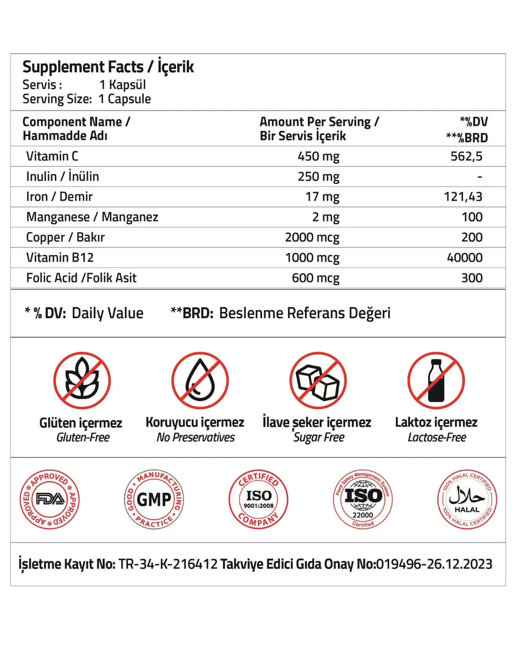 Validus Iron & Vitamin C Complex with B12 and Inulin 90 Capsules
