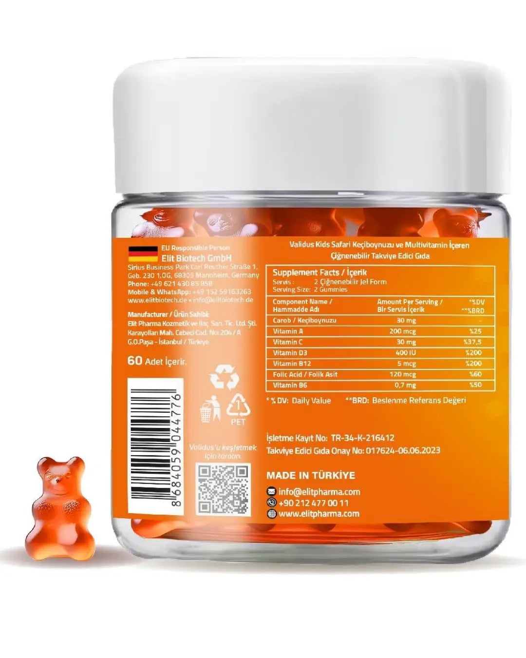 Validus Kids Safari Carob & Vitamin A-C-D3 Gummies 60 Count