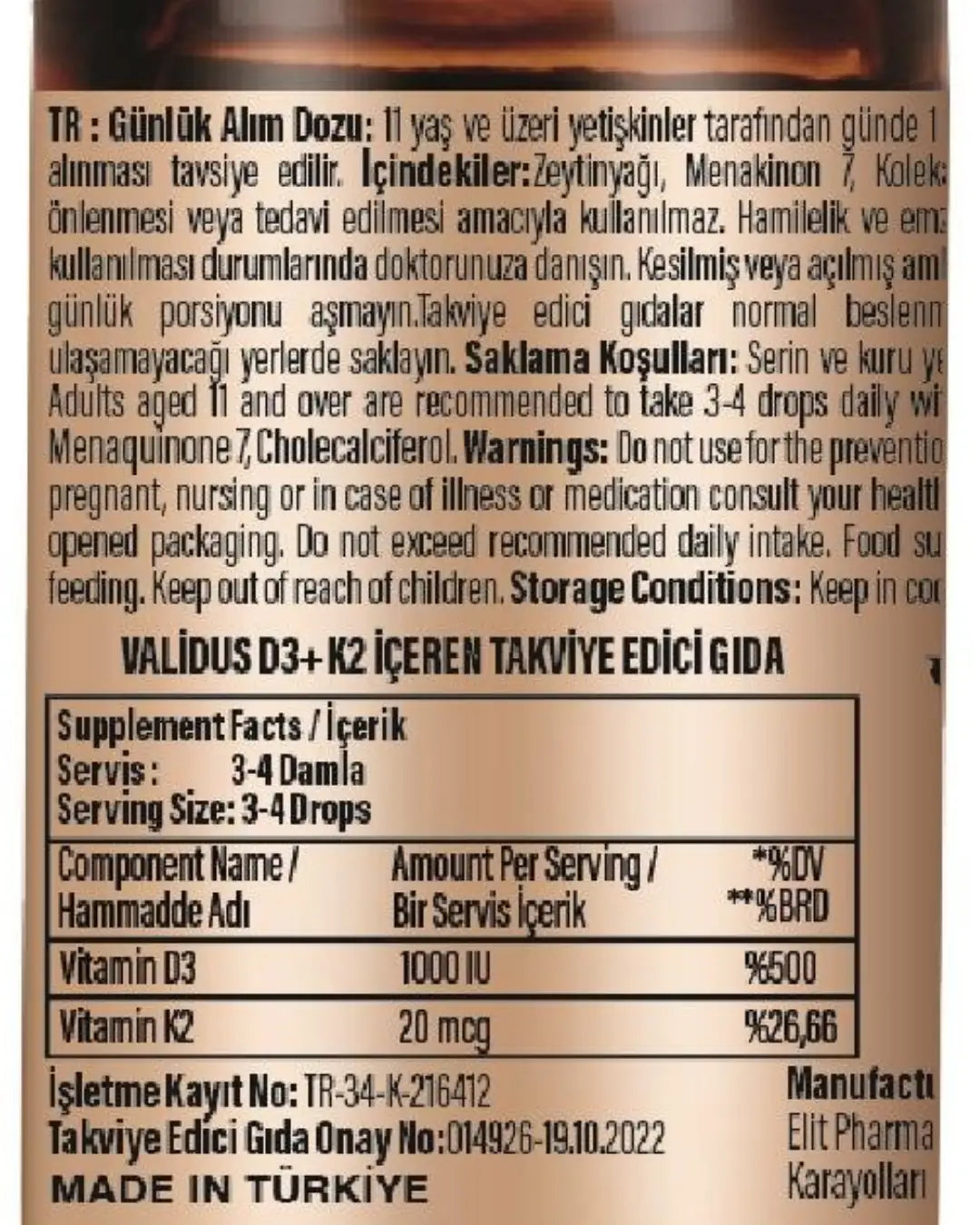 Validus Vitamin D3 + Vitamin K2 Drops for Bone Support 10 ml
