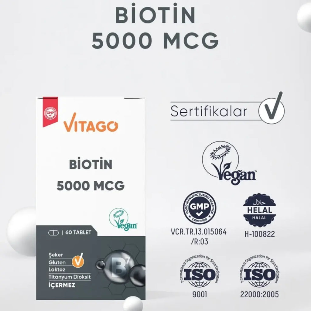 Vitago Premium Biotin 5000 mcg Support for Hair and Nails 60 Tablets